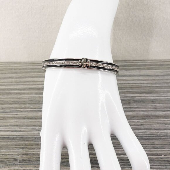 Tory Burch Kira Pave Enamel Hinge Bracelet Black/ Silver OS - Picture 6 of 14